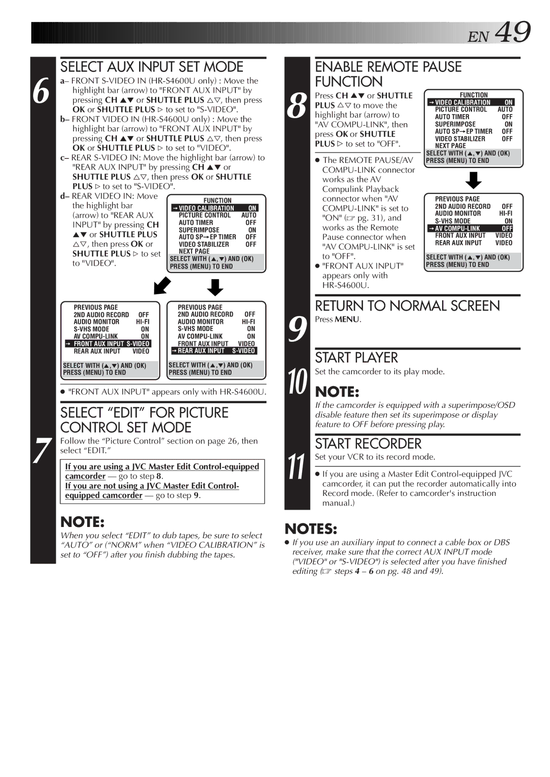 JVC Front AUX Input appears only with HR-S4600U, Plus %Þto move, Plus # to set to OFF, Remote PAUSE/AV, On pg, To OFF 