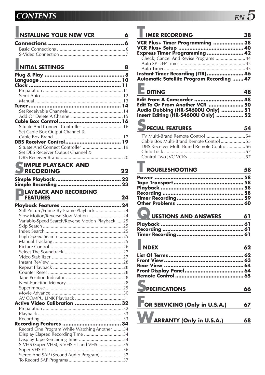 JVC HR-S4600U instruction manual Contents 