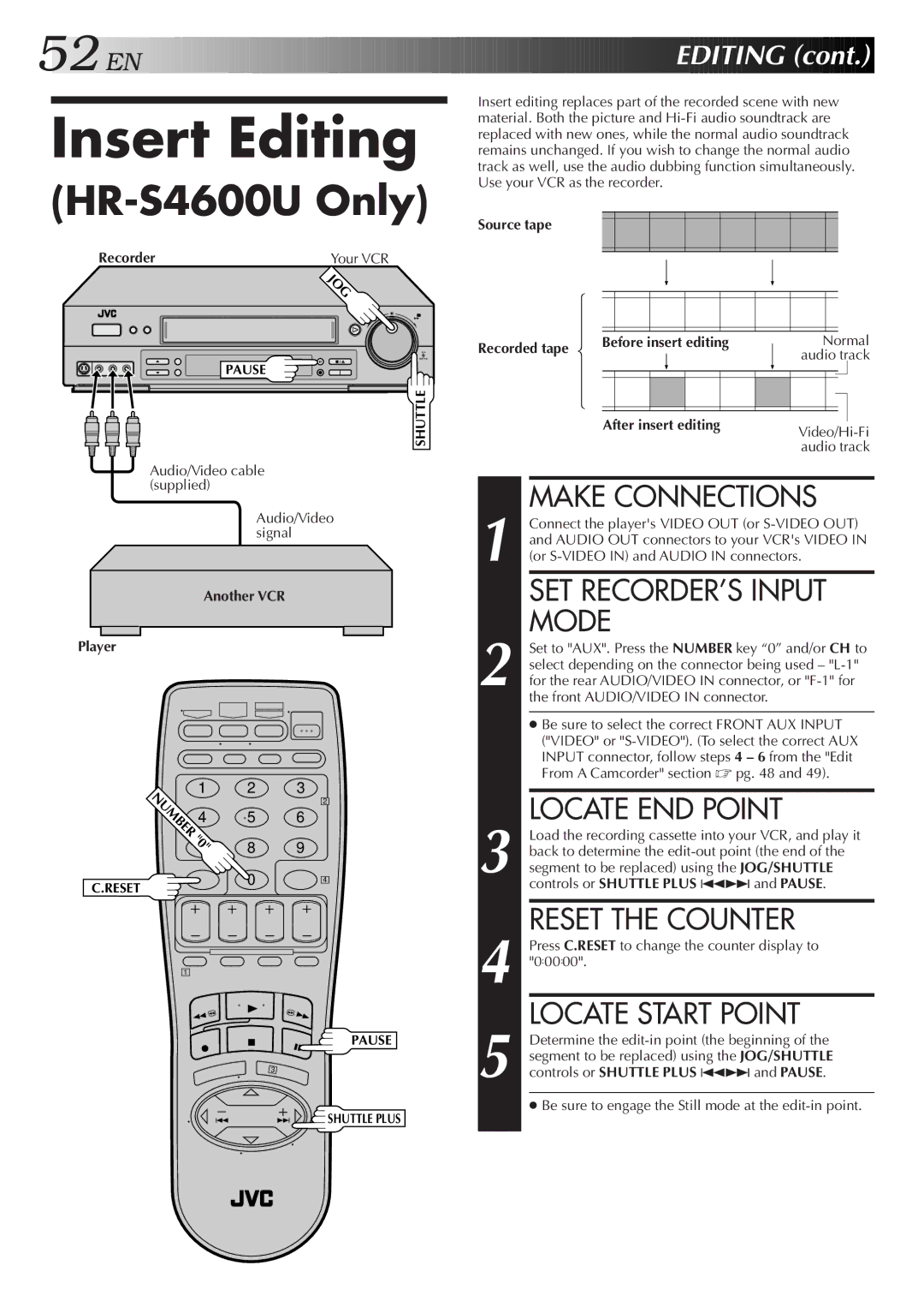 JVC HR-S4600U instruction manual Insert Editing, Locate END Point, Reset the Counter, EN Editing 