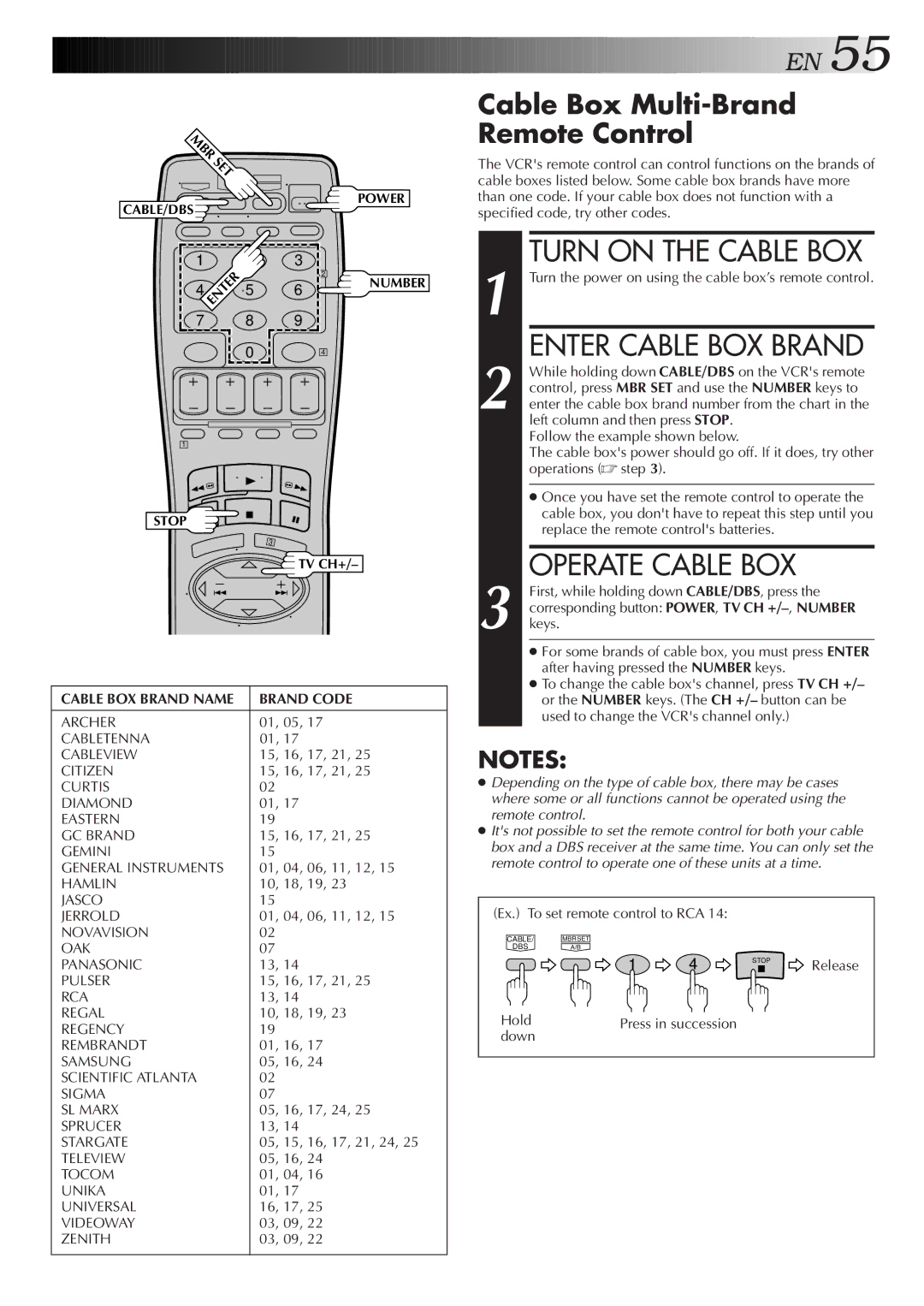 JVC HR-S4600U instruction manual Turn on the Cable BOX, Operate Cable BOX, Cable Box Multi-Brand Remote Control 