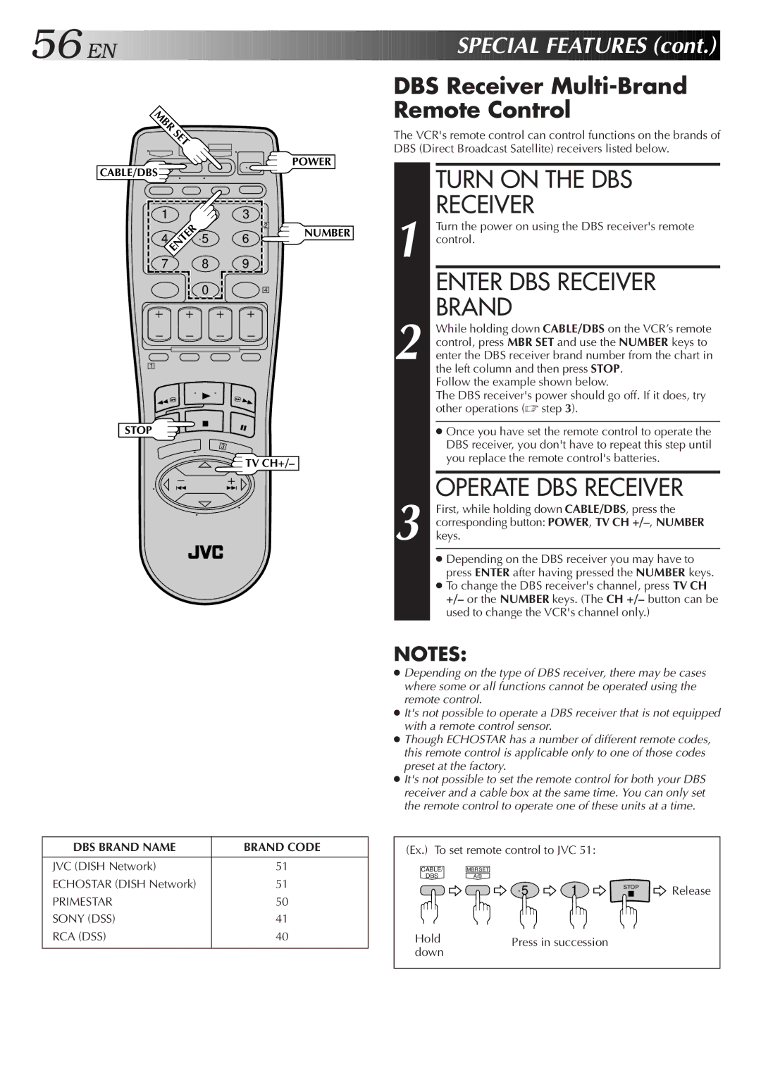 JVC HR-S4600U Turn on the DBS Receiver, Enter DBS Receiver Brand, Operate DBS Receiver, EN Special Features 