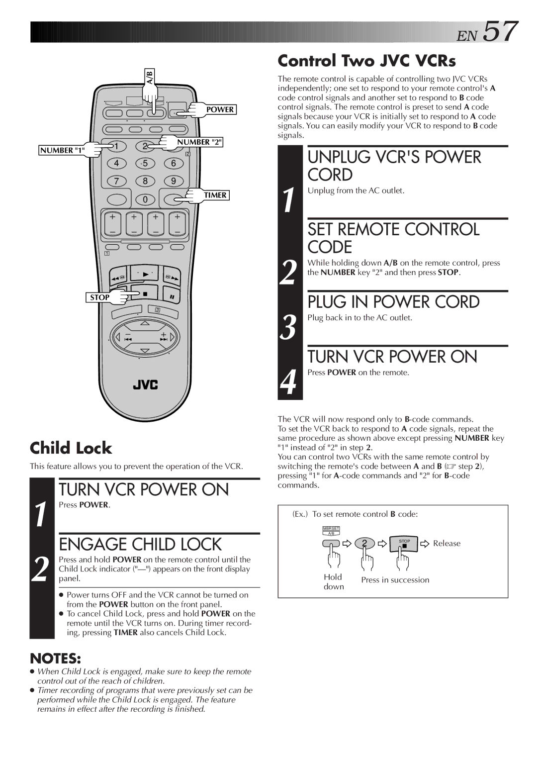 JVC HR-S4600U Turn VCR Power on, Engage Child Lock, Unplug Vcrs Power, SET Remote Control, Code, Plug in Power Cord 