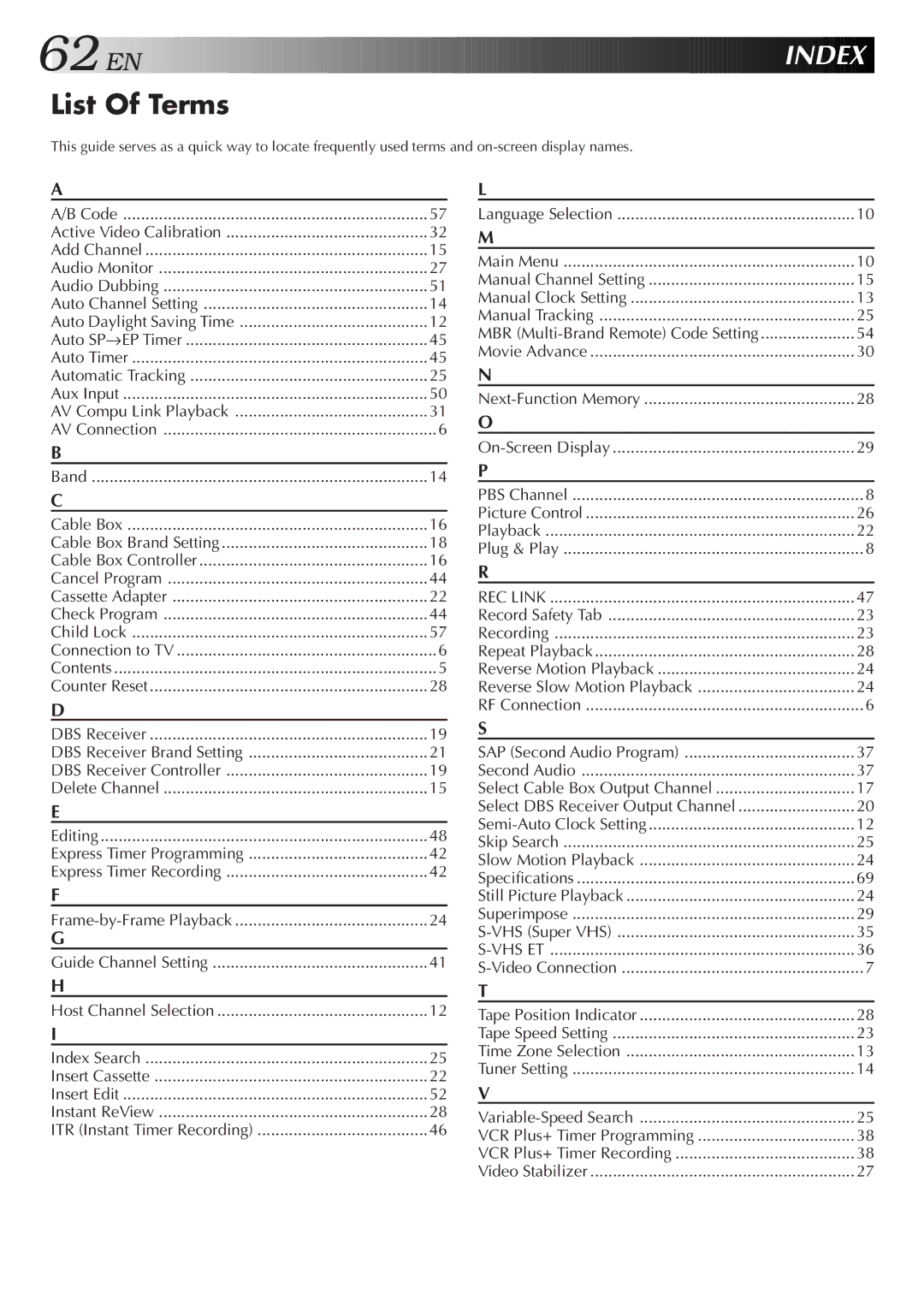 JVC HR-S4600U instruction manual List Of Terms, Index, Express Timer Programming, MBR Multi-Brand Remote Code Setting 