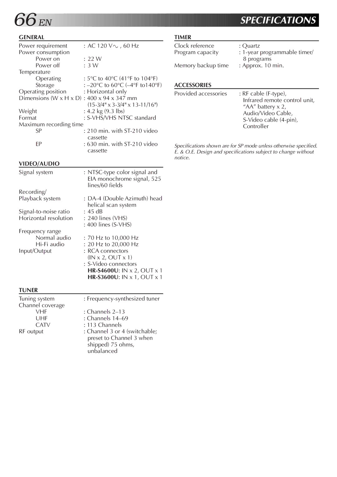 JVC HR-S4600U instruction manual 20C to 60C -4F to140F, Year programmable timer 