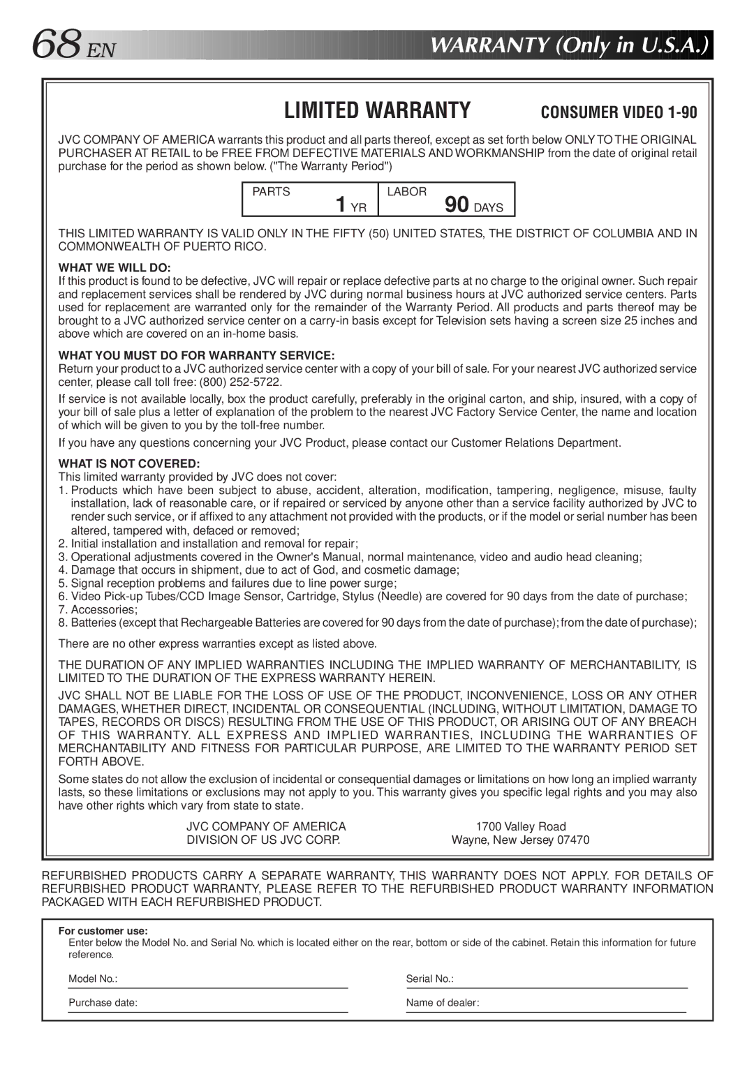 JVC HR-S4600U instruction manual Warranty Only in U.S.A, Limited Warranty 