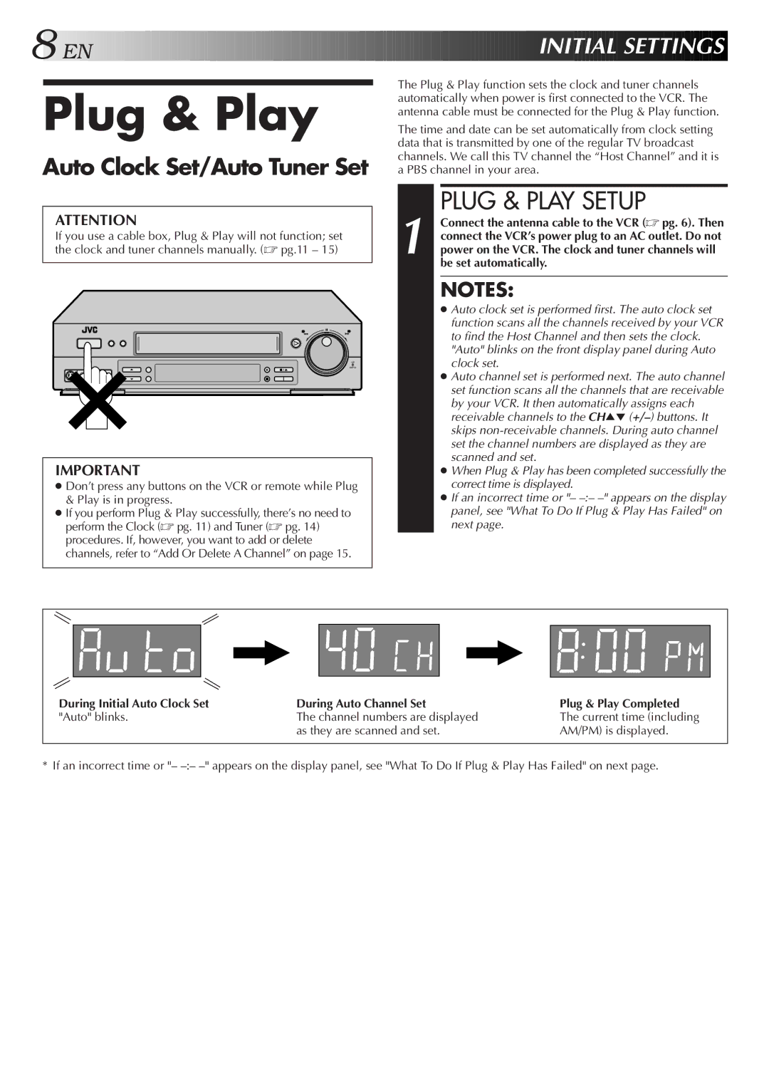 JVC HR-S4600U instruction manual Plug & Play Setup, EN I Nitial Sett Ings, Auto Clock Set/Auto Tuner Set 