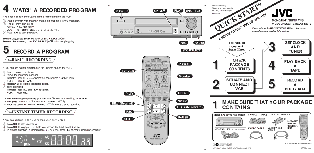 JVC HR-S3800U, HR-S4800U quick start Watch a Recorded Program, Record a Program, Make Sure That Your Package Contains 