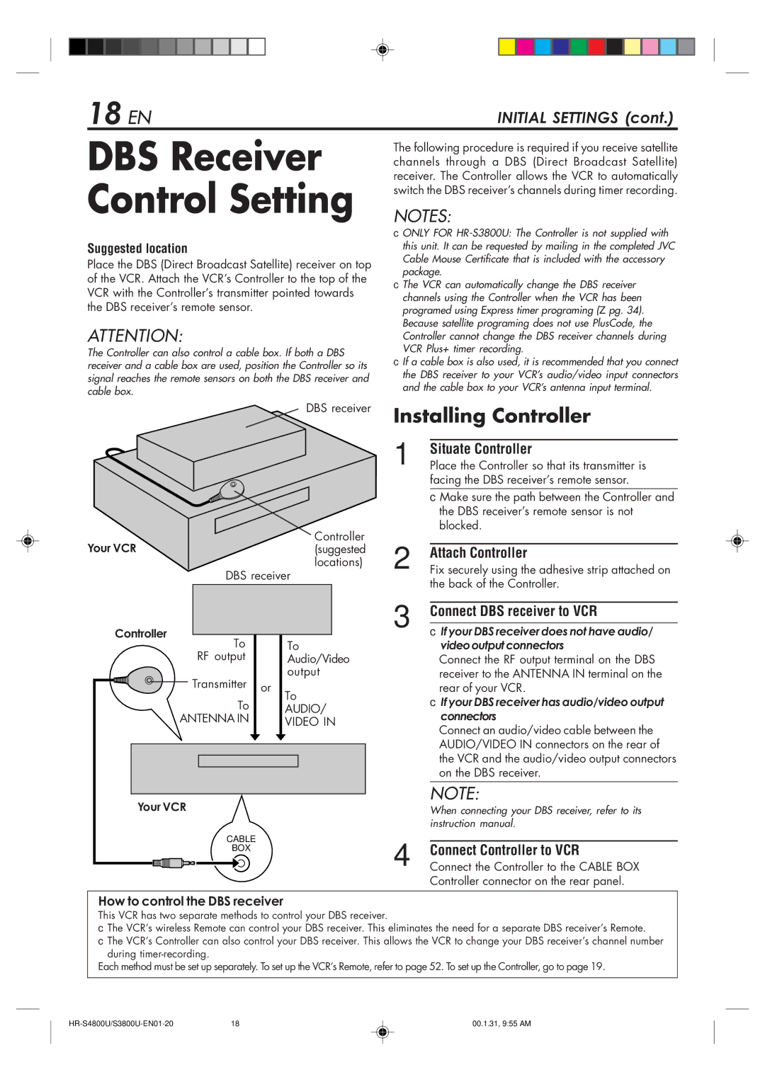 JVC HR-S4800U manual 18 EN, Connect DBS receiver to VCR, How to control the DBS receiver 