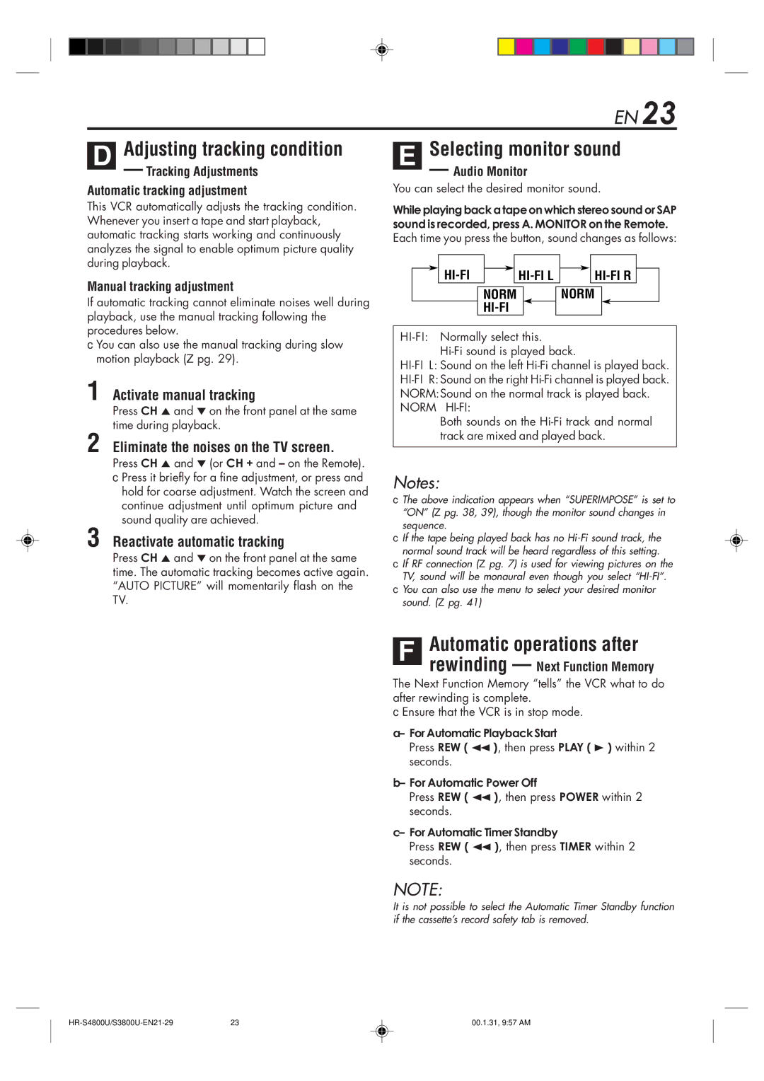 JVC HR-S4800U manual Adjusting tracking condition, Selecting monitor sound, Automatic operations after 