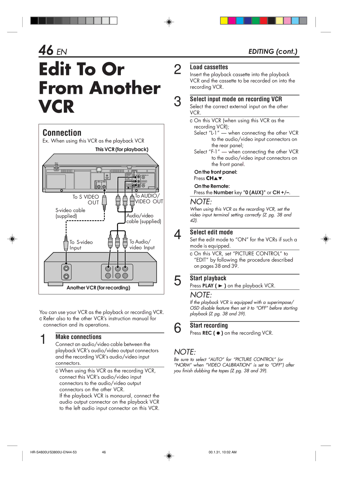 JVC HR-S4800U manual Edit To Or From Another, 46 EN, Load cassettes, Select edit mode, Select input mode on recording VCR 