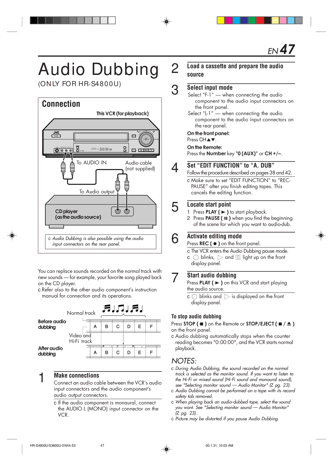 JVC HR-S4800U manual Audio Dubbing, Source Select input mode, Set Edit Function to A. DUB, Locate start point 