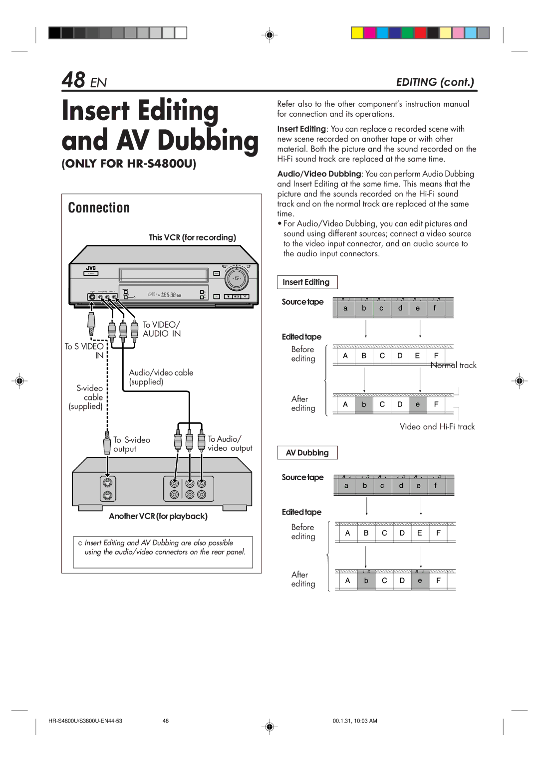 JVC HR-S4800U 48 EN, Insert Editing Sourcetape Editedtape, Another VCR for playback, AV Dubbing Sourcetape Editedtape 