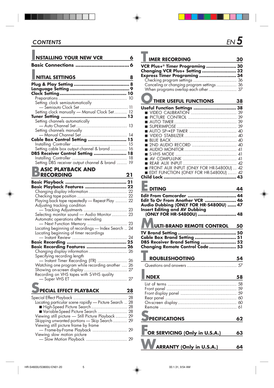 JVC HR-S4800U manual Contents 