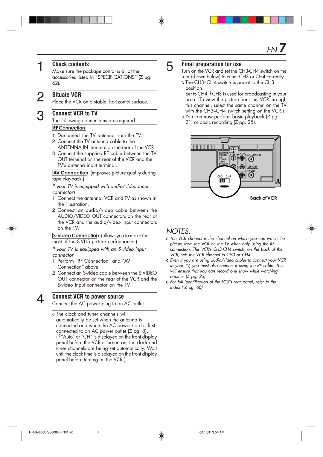 JVC HR-S4800U manual Check contents Final preparation for use, Situate VCR, Connect VCR to TV, Connect VCR to power source 