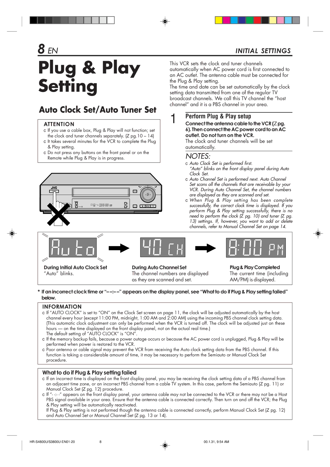 JVC HR-S4800U manual Plug & Play Setting, Perform Plug & Play setup, What to do if Plug & Play setting failed 