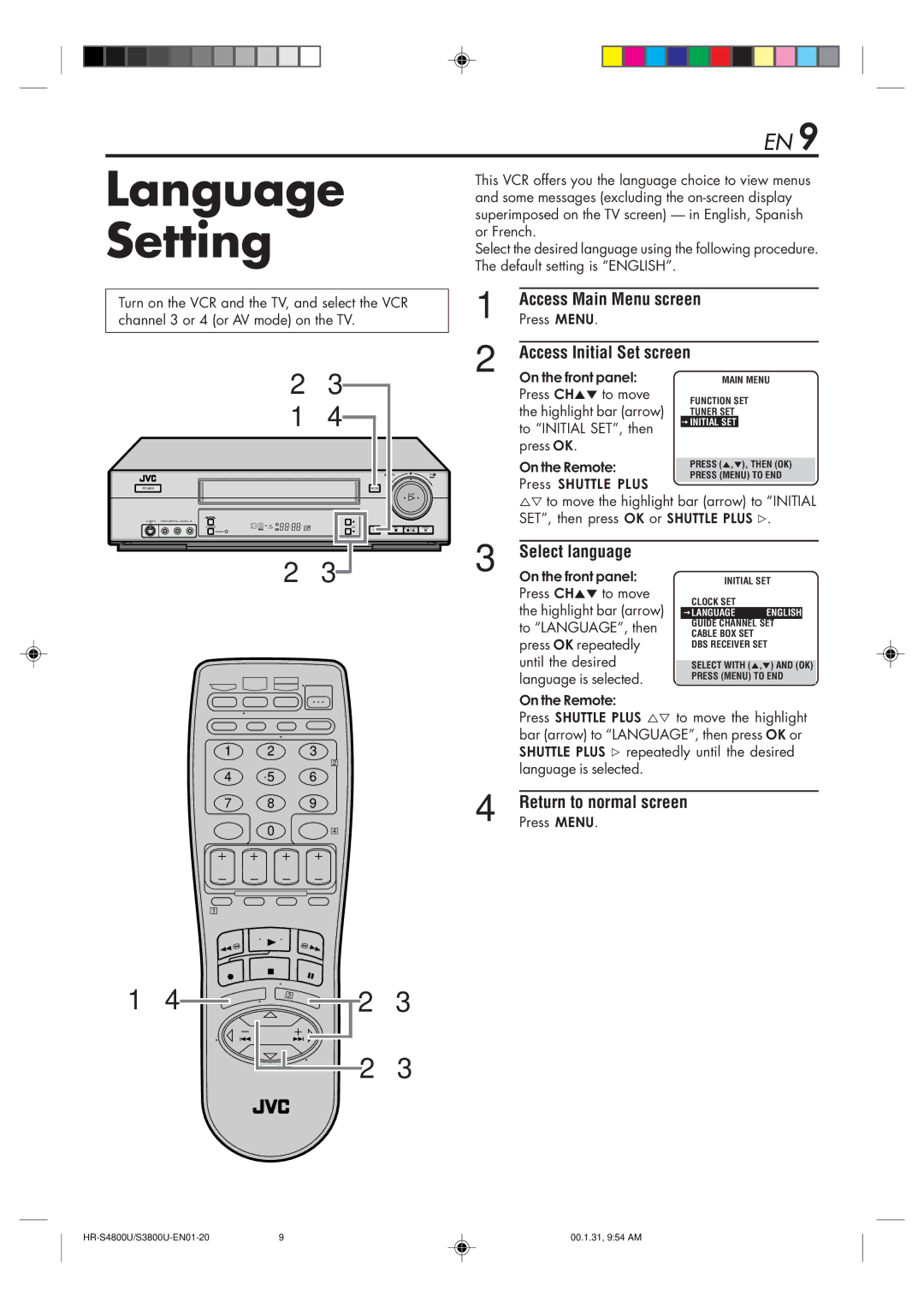 JVC HR-S4800U manual Language Setting, Access Main Menu screen, Access Initial Set screen, Select language 