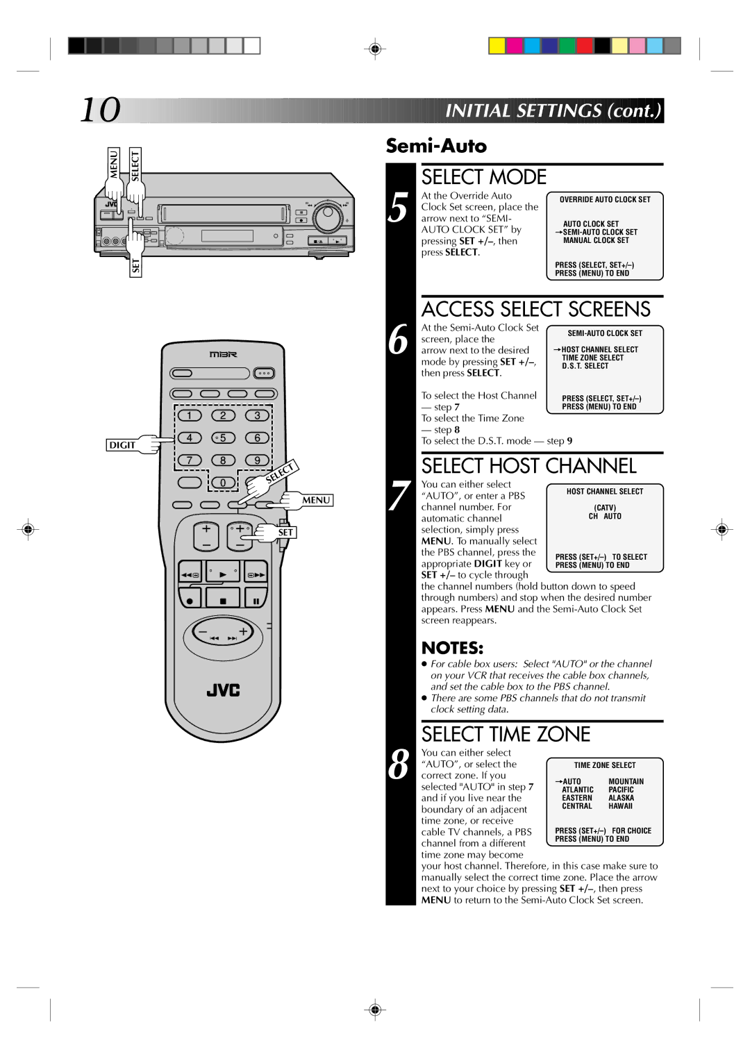 JVC HR-S5300U manual Access Select Screens, Select Host Channel, Select Time Zone, Semi-Auto 