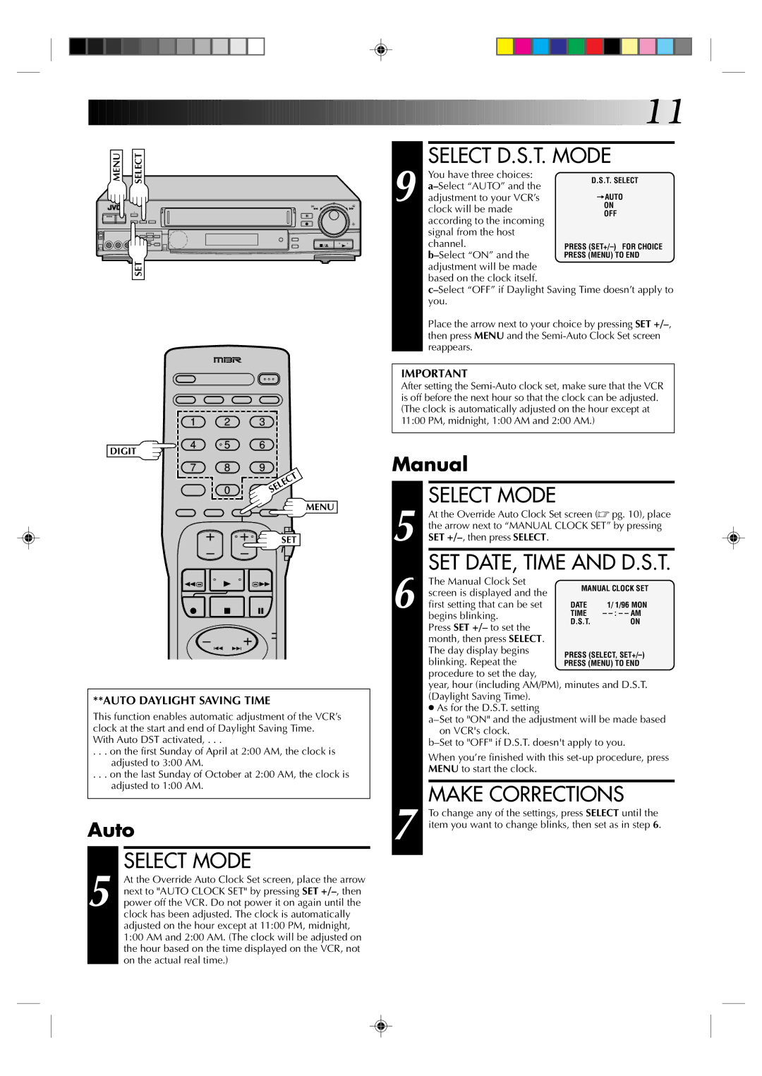 JVC HR-S5300U manual Select D.S.T. Mode, Select Mode, Make Corrections, Auto, Manual 