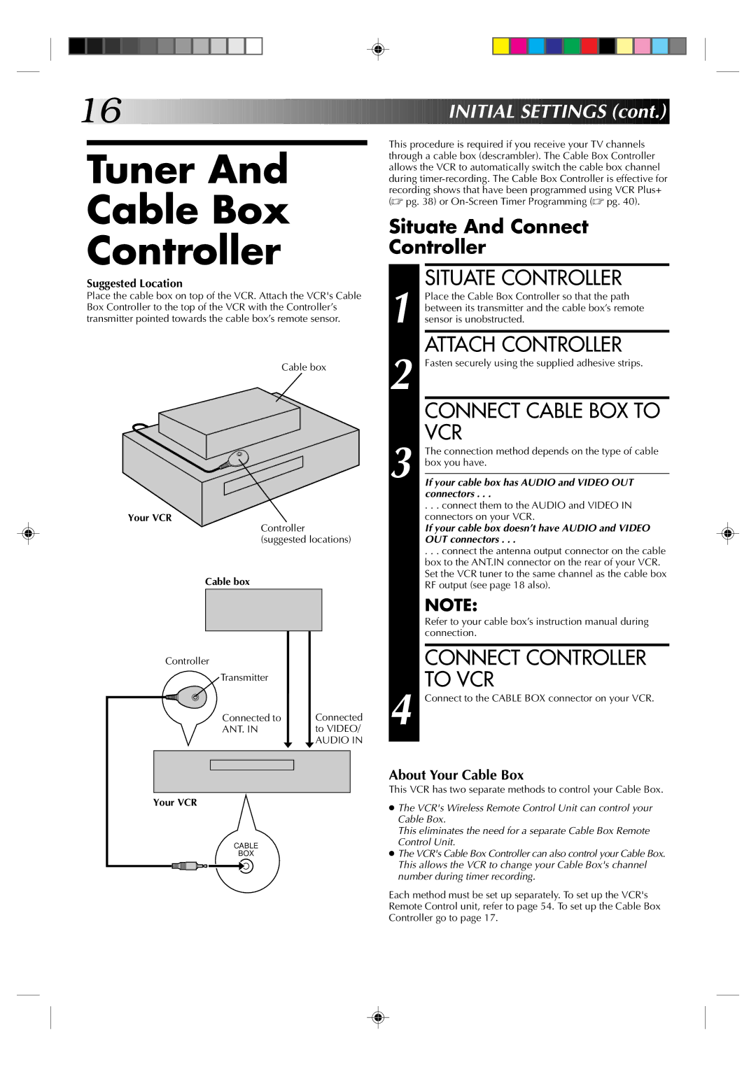 JVC HR-S5300U manual Tuner Cable Box Controller, Situate Controller, Attach Controller, Connect Cable BOX to VCR 