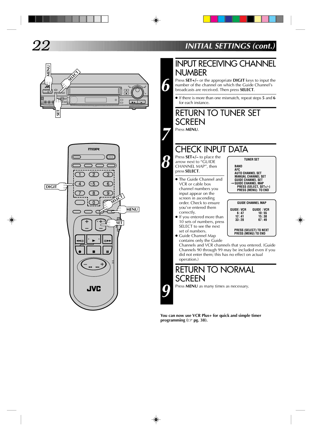 JVC HR-S5300U manual Input Receiving Channel Number, Return to Tuner SET Screen, Check Input Data 