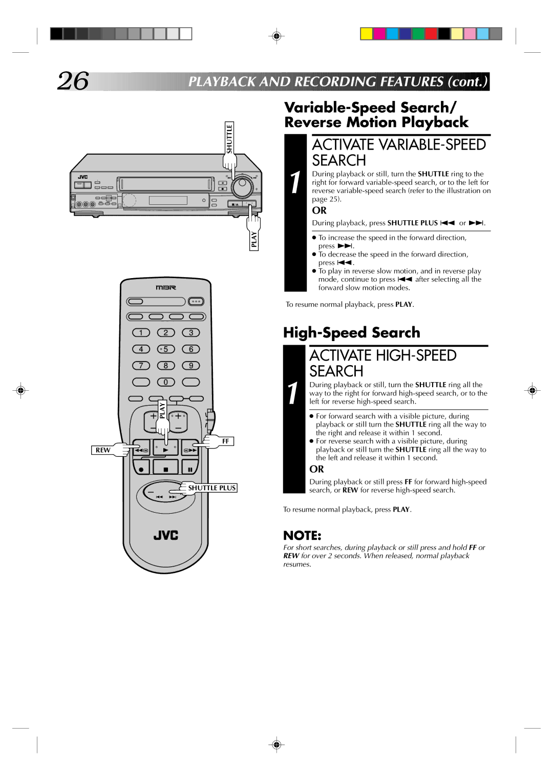 JVC HR-S5300U manual Activate HIGH-SPEED Search, Variable-Speed Search, Reverse Motion Playback, High-Speed Search 