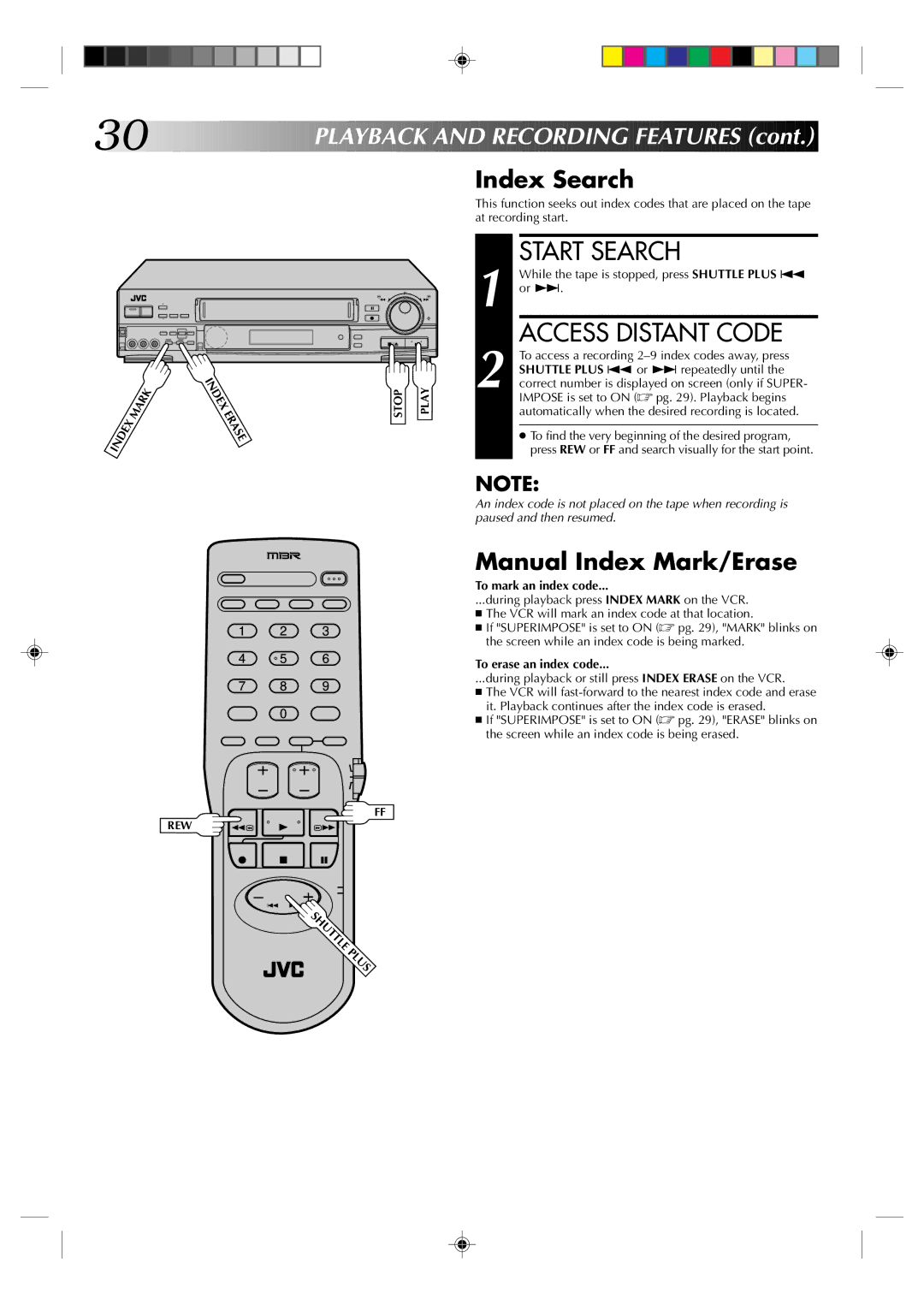 JVC HR-S5300U manual Start Search, Access Distant Code, Index Search, Manual Index Mark/Erase 