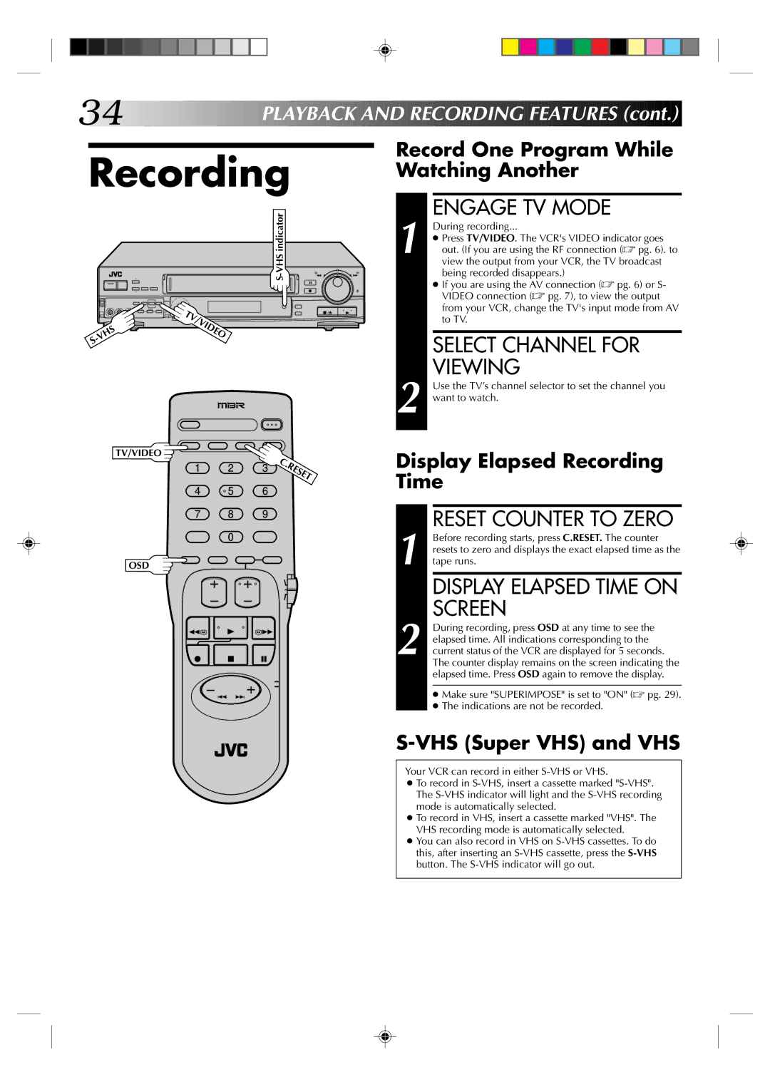 JVC HR-S5300U manual Engage TV Mode, Select Channel for Viewing, Reset Counter to Zero, Display Elapsed Time on Screen 