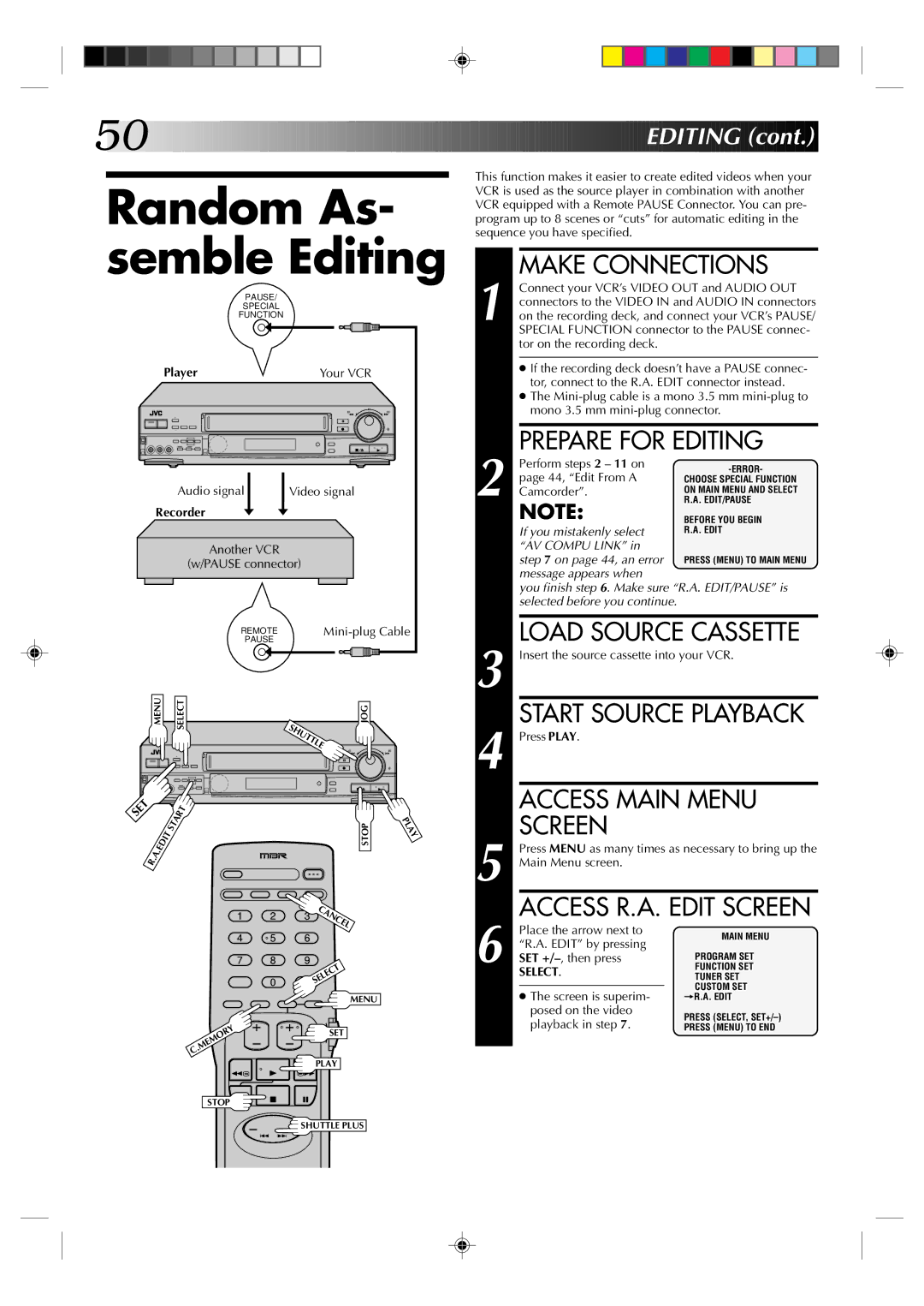 JVC HR-S5300U manual Random As- semble Editing, Prepare for Editing, Play 