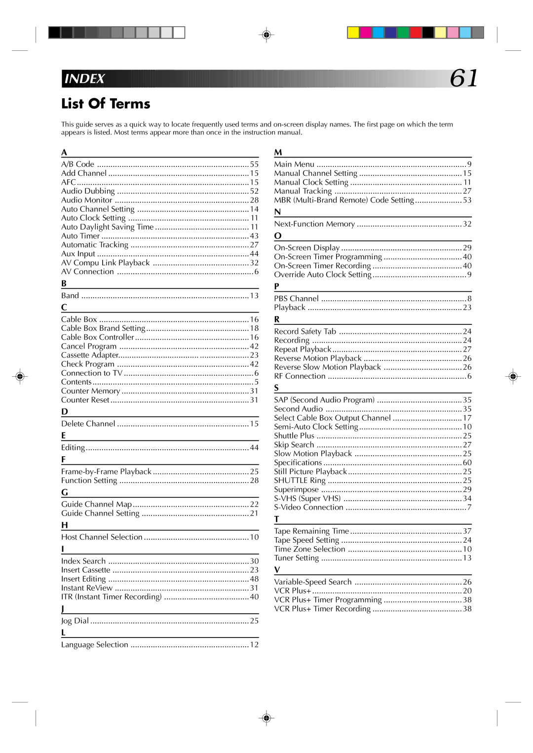 JVC HR-S5300U manual List Of Terms, MBR Multi-Brand Remote Code Setting, VCR Plus+ Timer Programming 