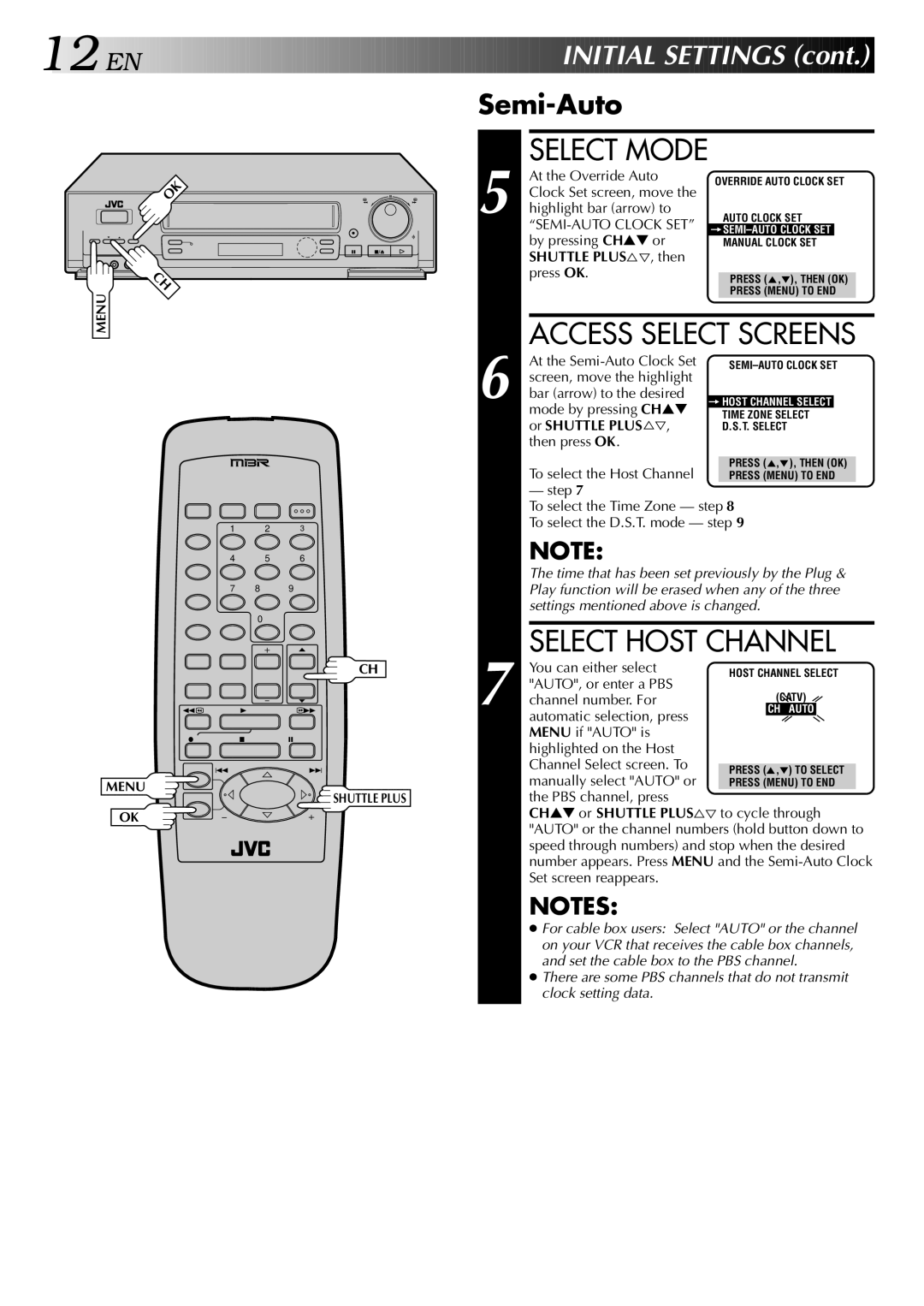 JVC HR-S5400U manual Select Mode, Access Select Screens, Select Host Channel, EN Initial Settings, Semi-Auto 