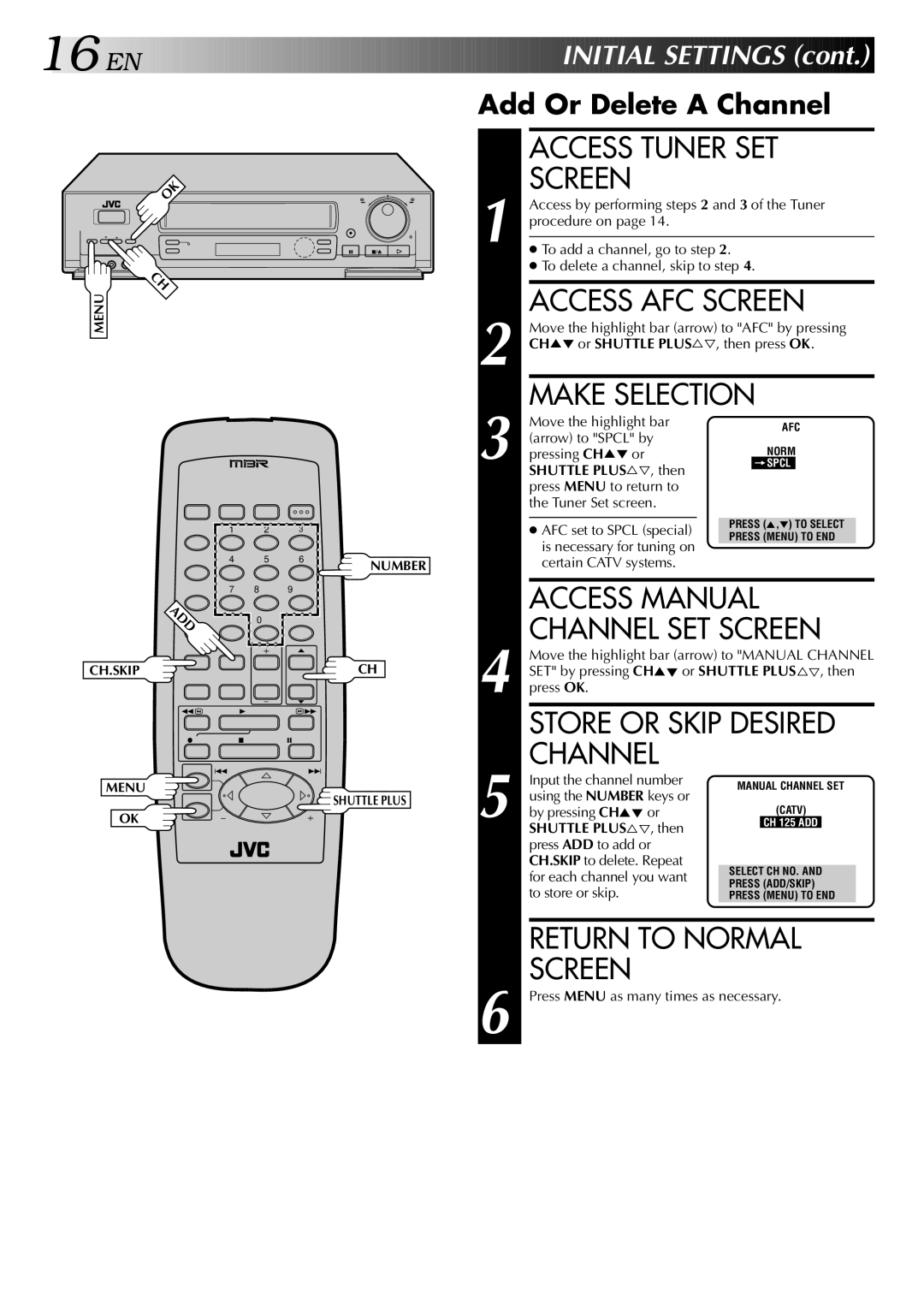 JVC HR-S5400U Access Tuner SET Screen, Access AFC Screen, Make Selection, Store or Skip Desired Channel, Initial Settings 