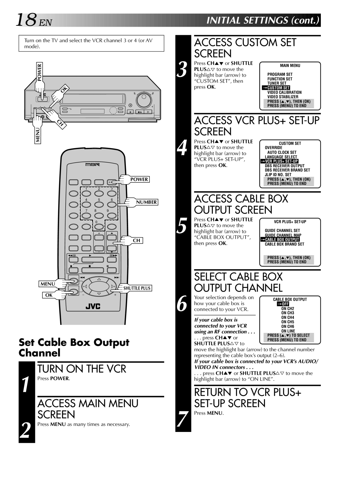 JVC HR-S5400U manual Return to VCR PLUS+ SET-UP Screen, Set Cable Box Output Channel 