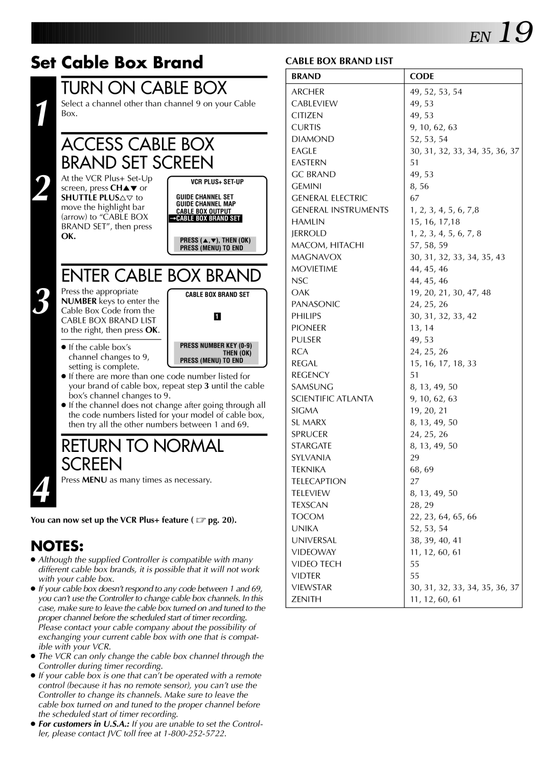 JVC HR-S5400U manual Turn on Cable BOX, Access Cable BOX, Brand SET Screen, Return to Normal, Set Cable Box Brand 