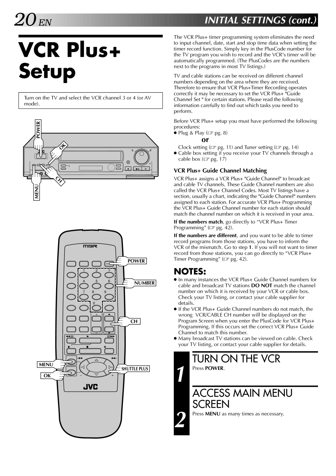 JVC HR-S5400U manual VCR Plus+ Setup, VCR Plus+ Guide Channel Matching 