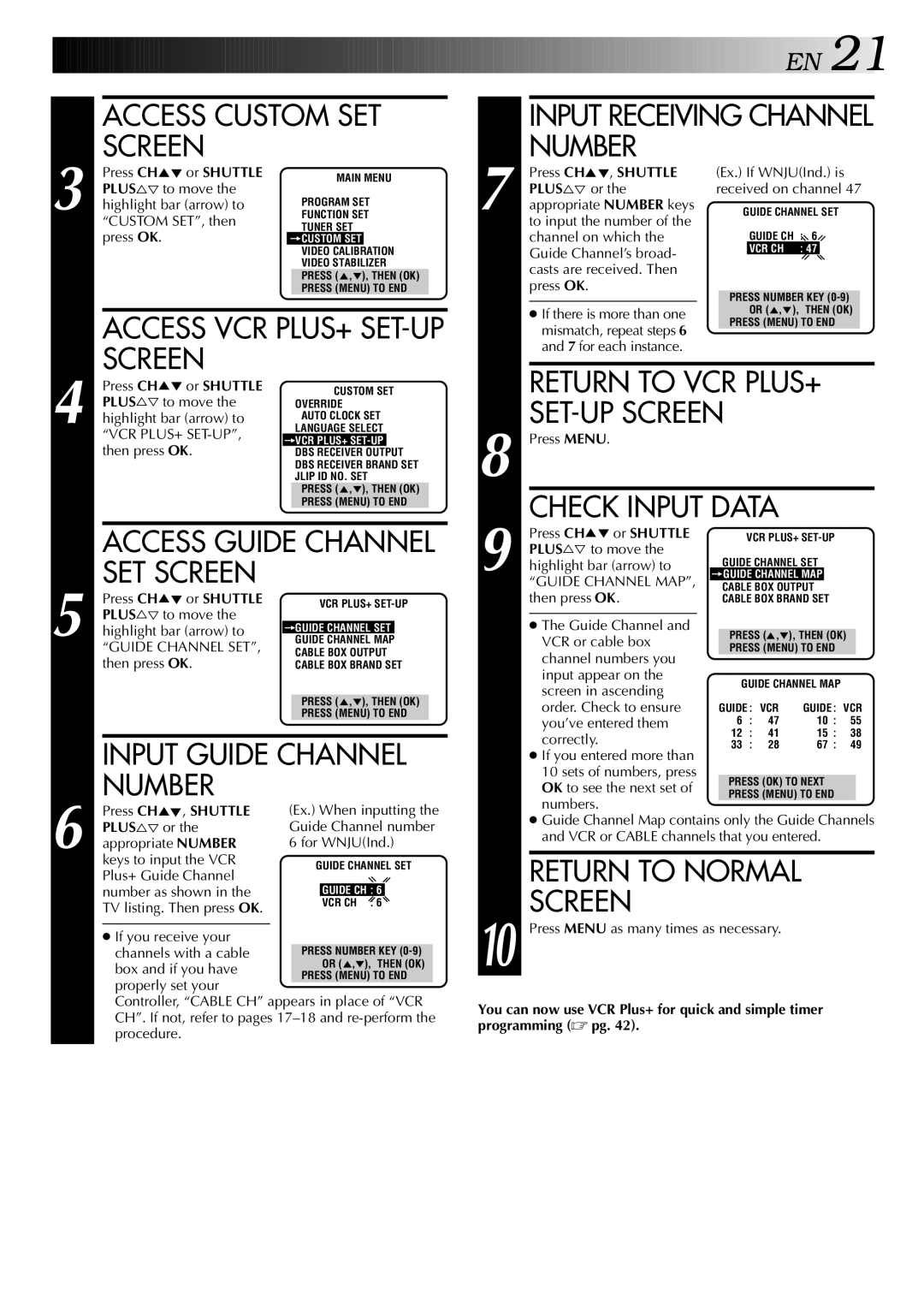 JVC HR-S5400U Access Custom SET, SET Screen, Input Guide Channel, Input Receiving Channel Number, Check Input Data 