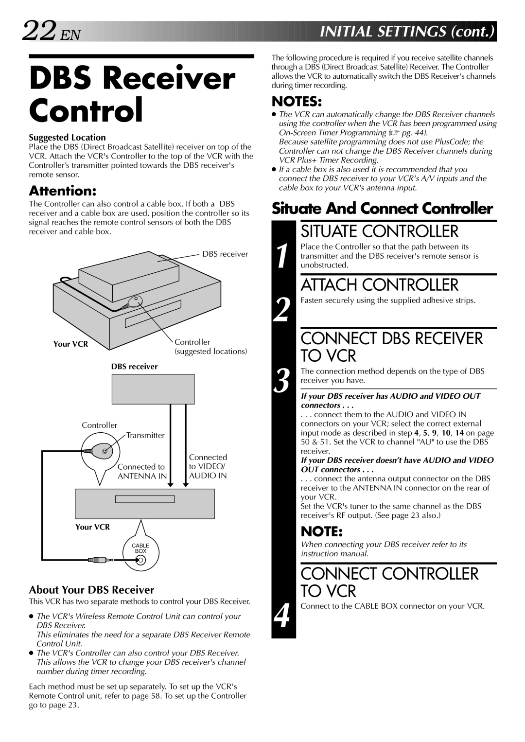 JVC HR-S5400U manual DBS Receiver Control, Connect DBS Receiver to VCR, DBS receiver, Antenna Audio 