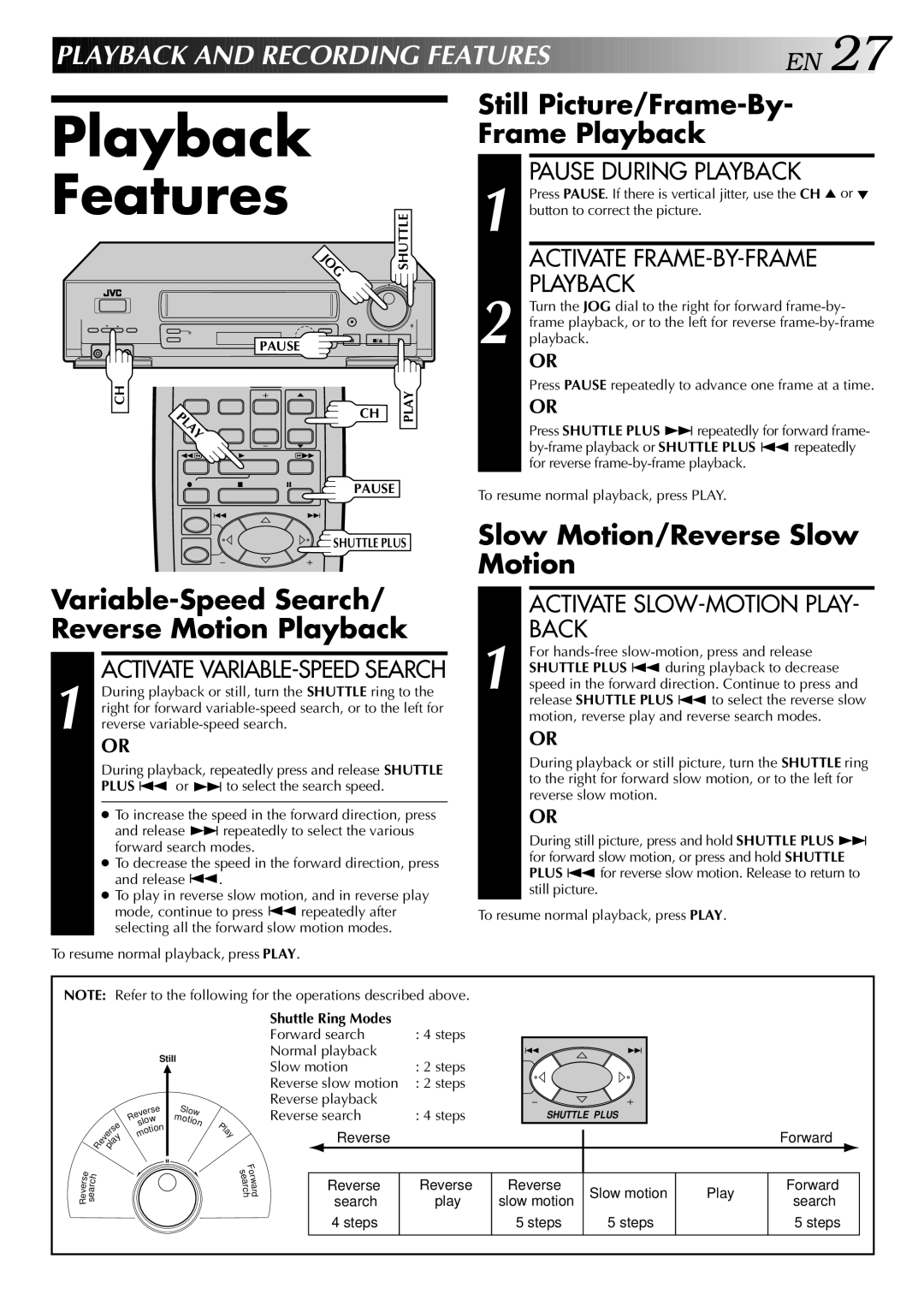 JVC HR-S5400U Playback Features, Playback and Recording FEA Tures E N, Variable-Speed Search/ Reverse Motion Playback 