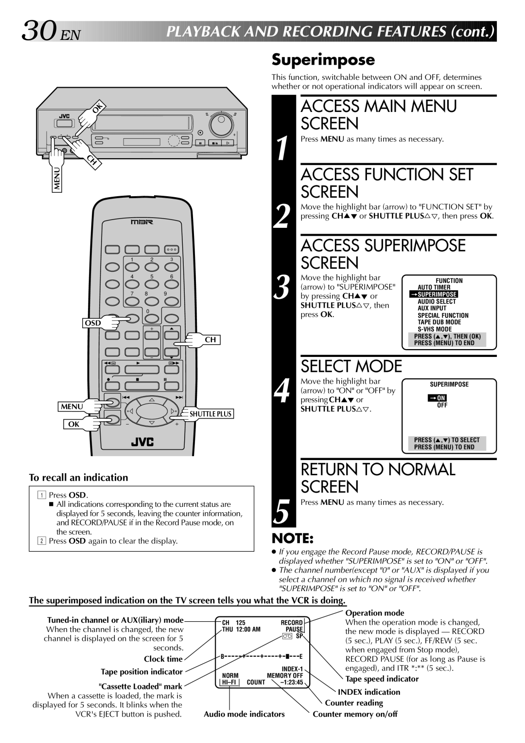 JVC HR-S5400U manual Access Function SET, Access Superimpose 