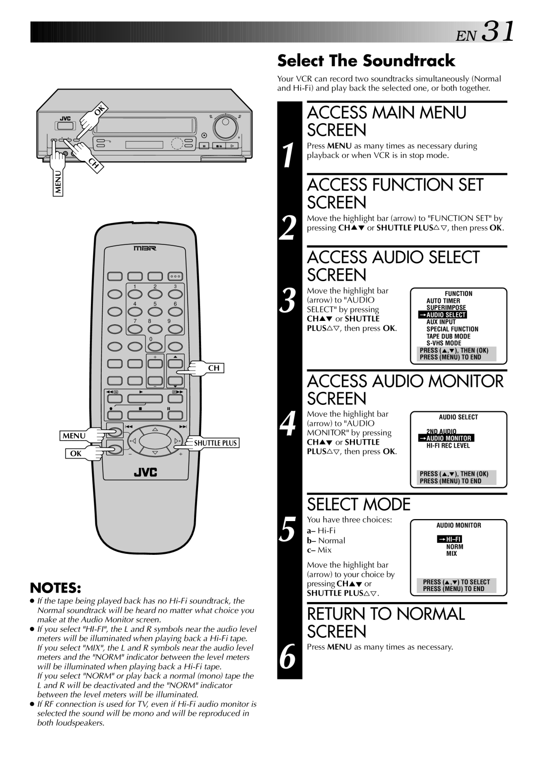 JVC HR-S5400U manual Access Audio Select, Access Audio Monitor, Select The Soundtrack, Mix 