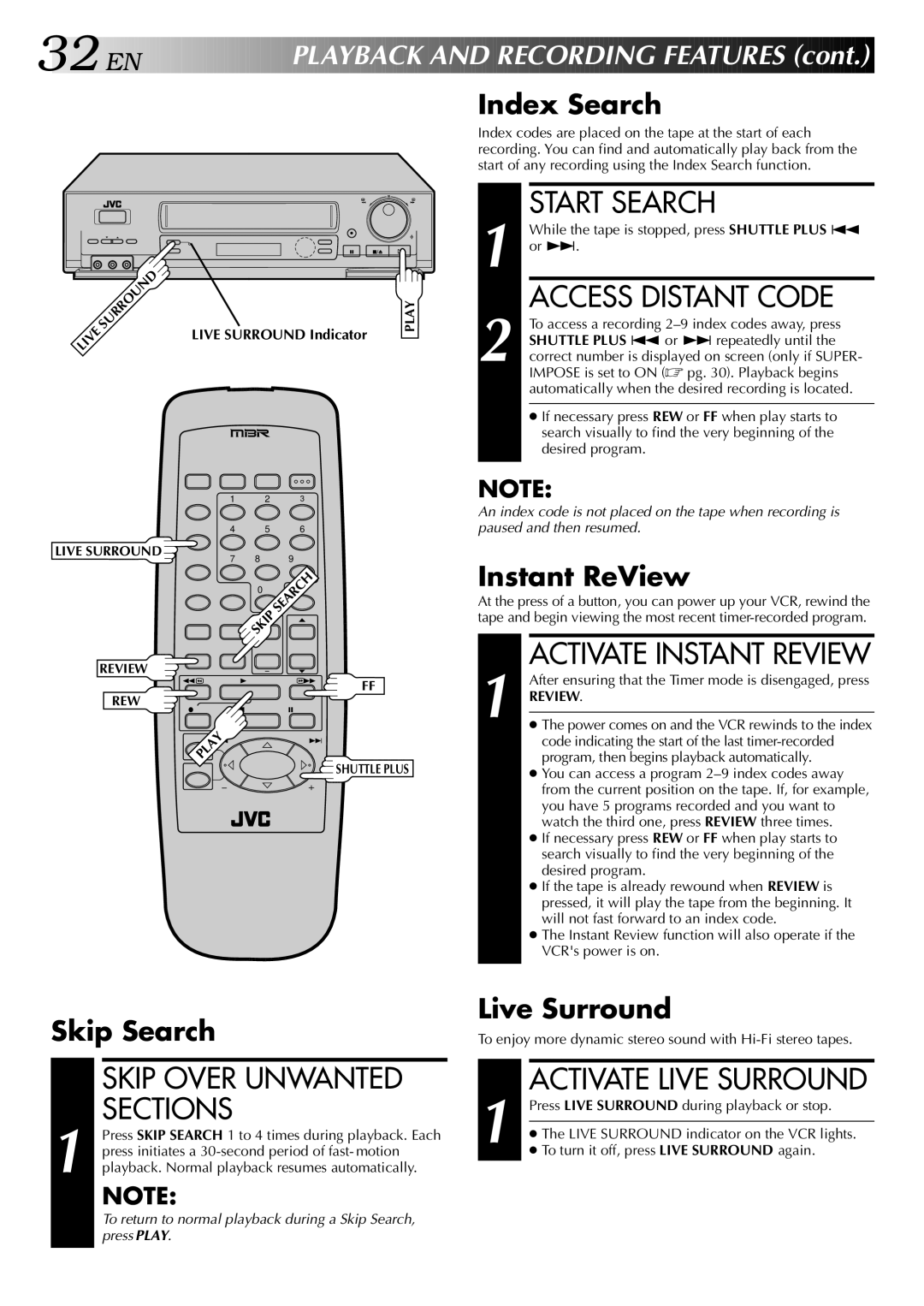 JVC HR-S5400U manual Start Search, Access Distant Code, Skip Over Unwanted Sections 