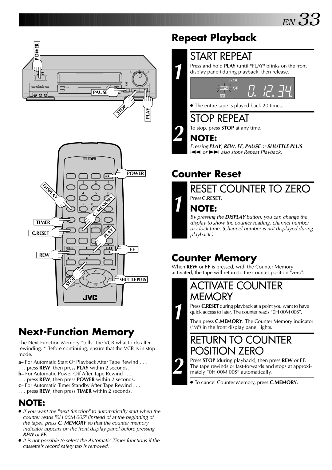 JVC HR-S5400U manual Start Repeat, Stop Repeat, Activate Counter, Memory, Return to Counter Position Zero 