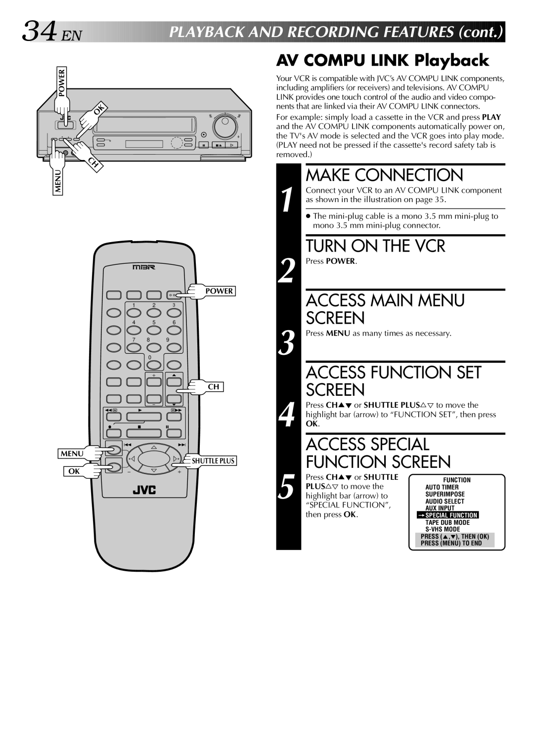 JVC HR-S5400U manual Make Connection, Access Special, Function Screen, AV Compu Link Playback, Special Function 