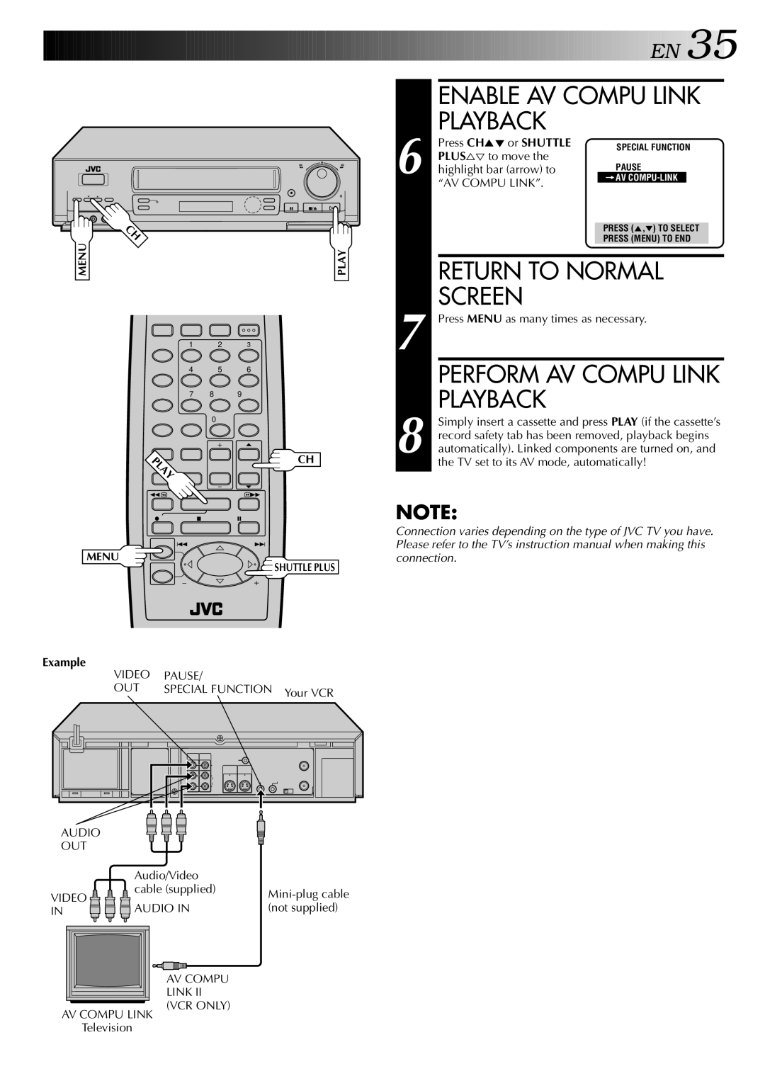 JVC HR-S5400U manual Enable AV Compu Link Playback, Perform AV Compu Link Playback, Example 