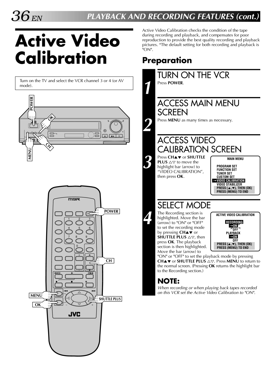 JVC HR-S5400U manual Active Video Calibration, Access Video, Calibration Screen, Preparation, Shuttle Plus %Þ, then 