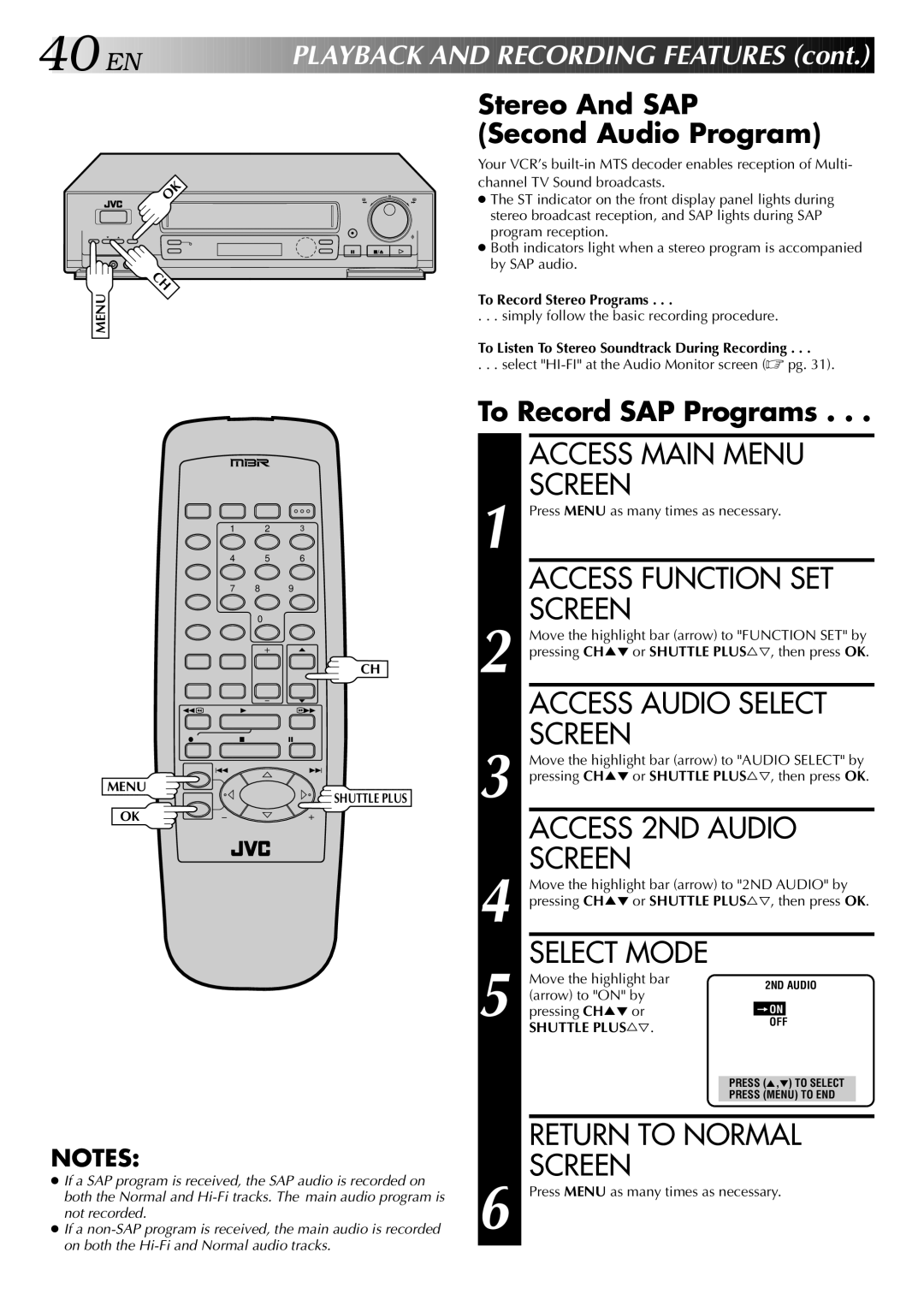 JVC HR-S5400U Access 2ND Audio, Stereo And SAP Second Audio Program, To Record SAP Programs, To Record Stereo Programs 