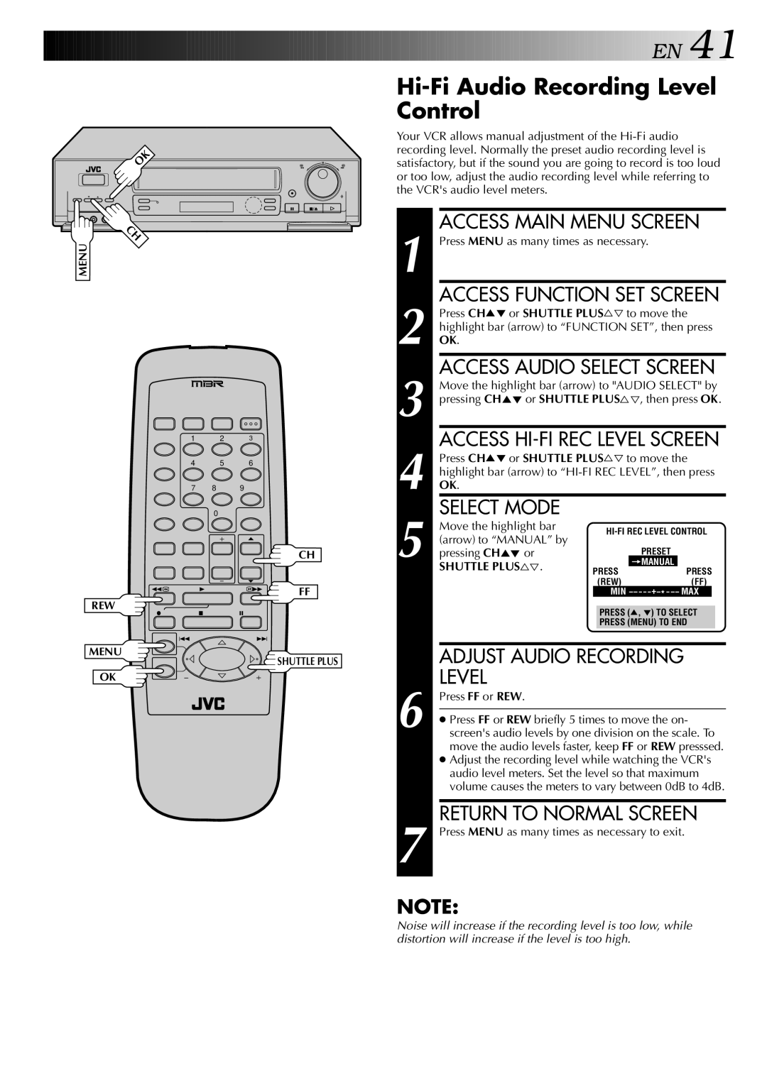 JVC HR-S5400U manual Hi-Fi Audio Recording Level Control, Press CH 5 or Shuttle Plus %Þ to move 