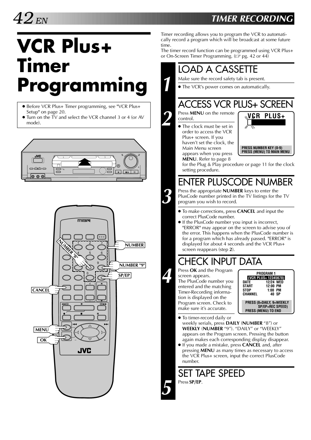 JVC HR-S5400U manual VCR Plus+ Timer Programming, EN Timer Recording 