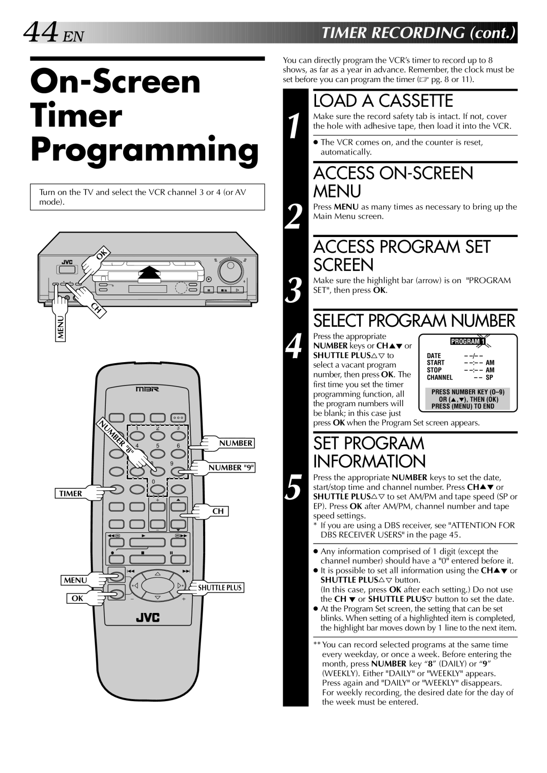 JVC HR-S5400U manual On-Screen Timer Programming, Access ON-SCREEN, Menu, Access Program SET, Shuttle PLUS%Þto 