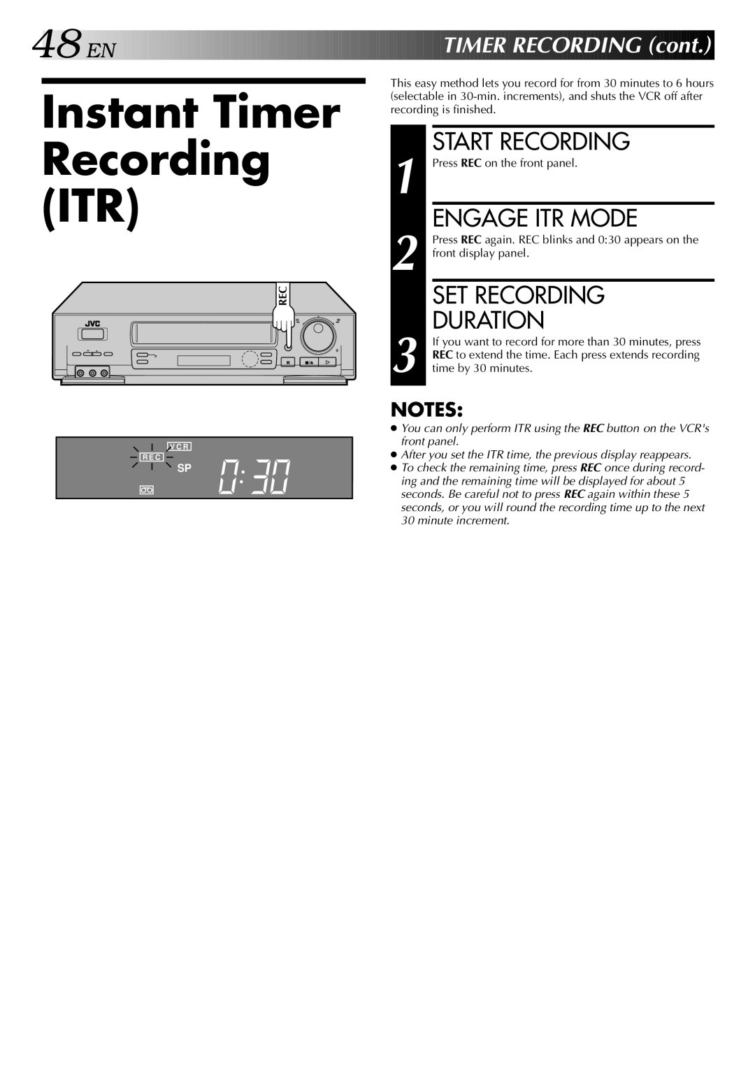 JVC HR-S5400U manual Instant Timer, Engage ITR Mode, SET Recording, Duration 