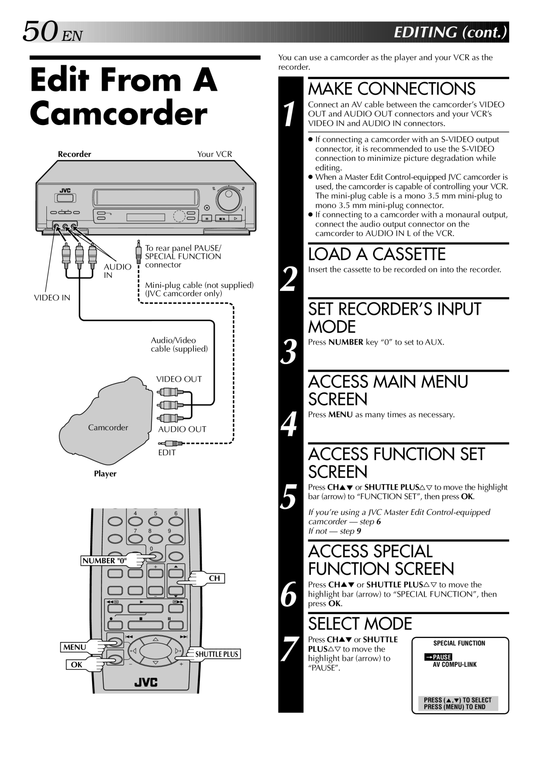 JVC HR-S5400U manual Edit From a Camcorder, Audio Video, Video OUT Audio OUT Edit 